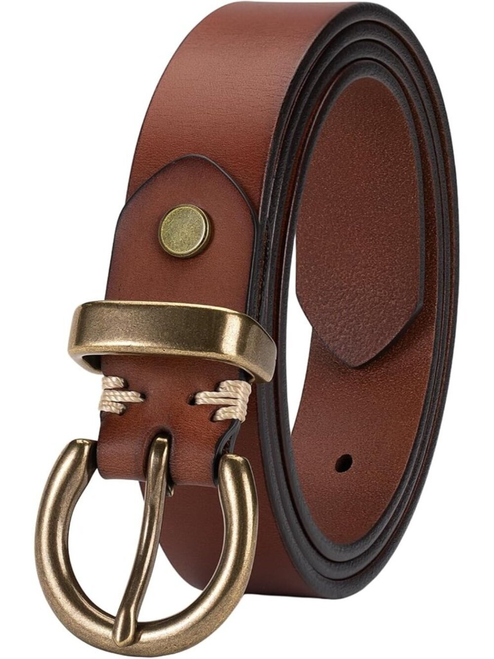 Women Brown Leather Belt Genuine Leather Belt Vintage Solid Brass Circle Buckle